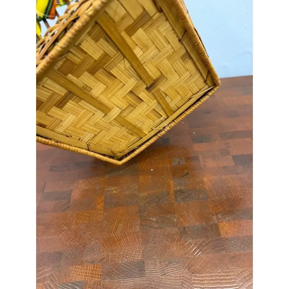 Vintage Woven Wicker Basket Lined with Colorful Fabric with Olive Motif